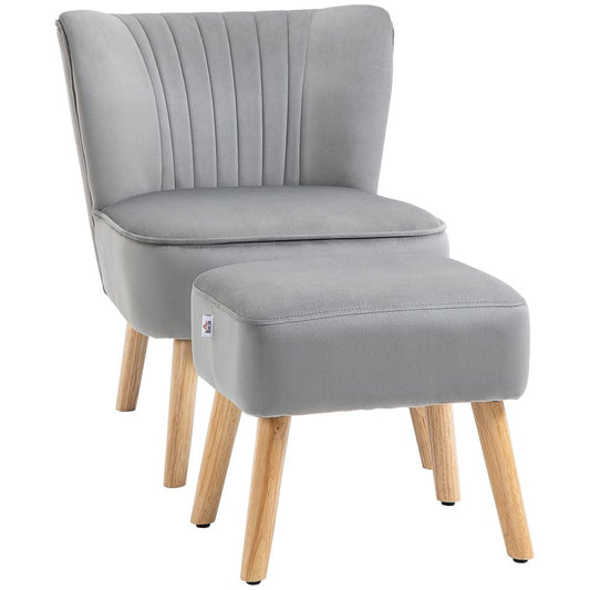 Velvet-Feel Accent Chair with Ottoman – Tub Seat Padding & Wood Legs – Light Grey