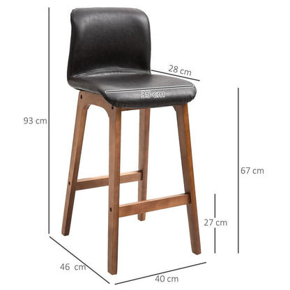 2 Faux Leather Bar Stools - 93cm, Wooden Frame, Footrest, High Back, Brown