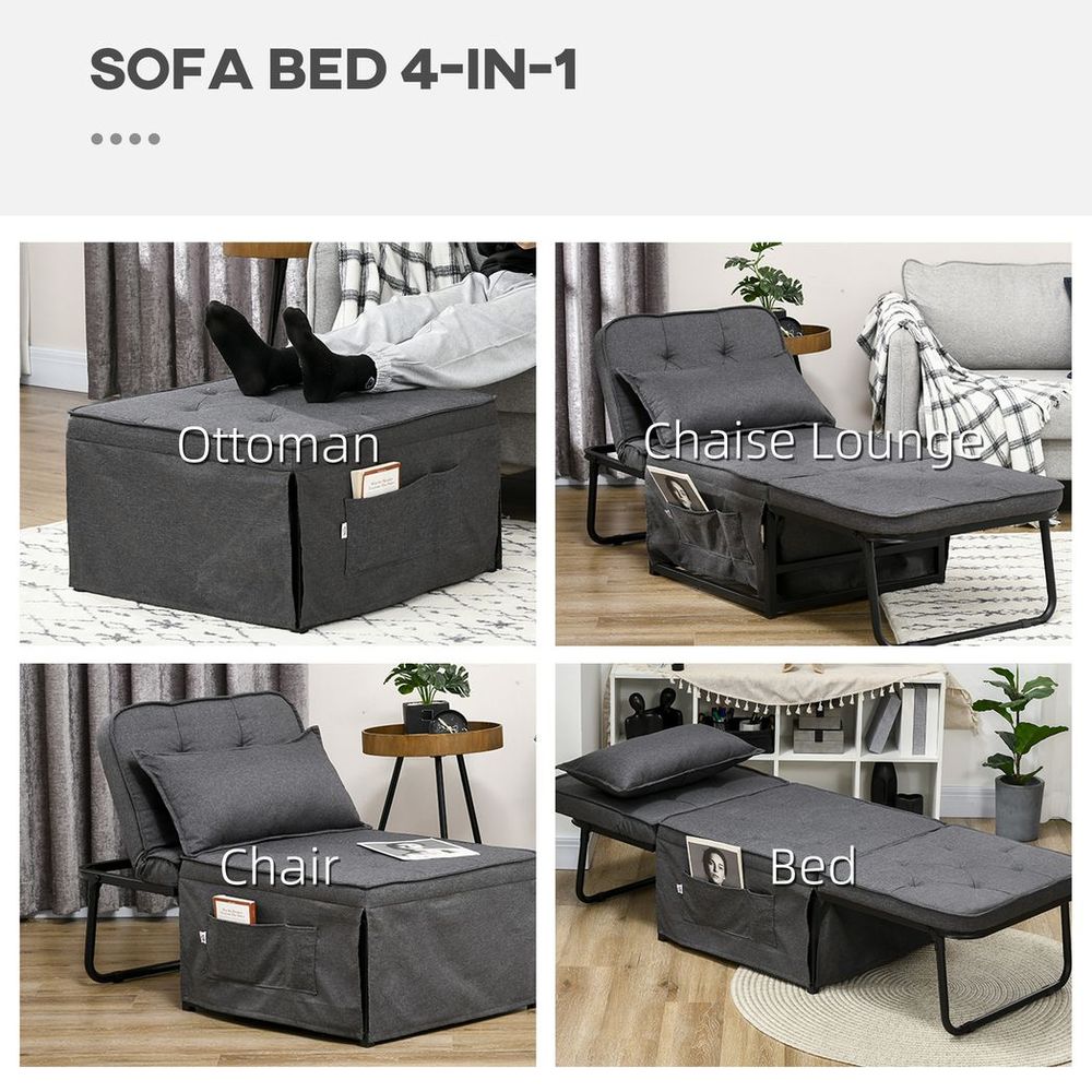 Charcoal Grey Folding Sleeper Chair Bed with Pillow and Side Storage Pockets