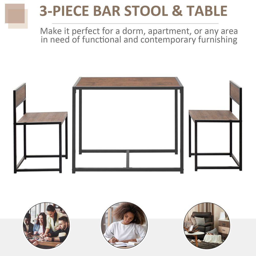 Steel Frame MDF Bar Stool and Table Set for 2-Seaters, Wood Tone