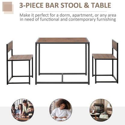 Steel Frame MDF Bar Stool and Table Set for 2-Seaters, Wood Tone
