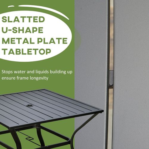 Garden Table with Parasol Hole for Four, Slatted Metal Plate Top