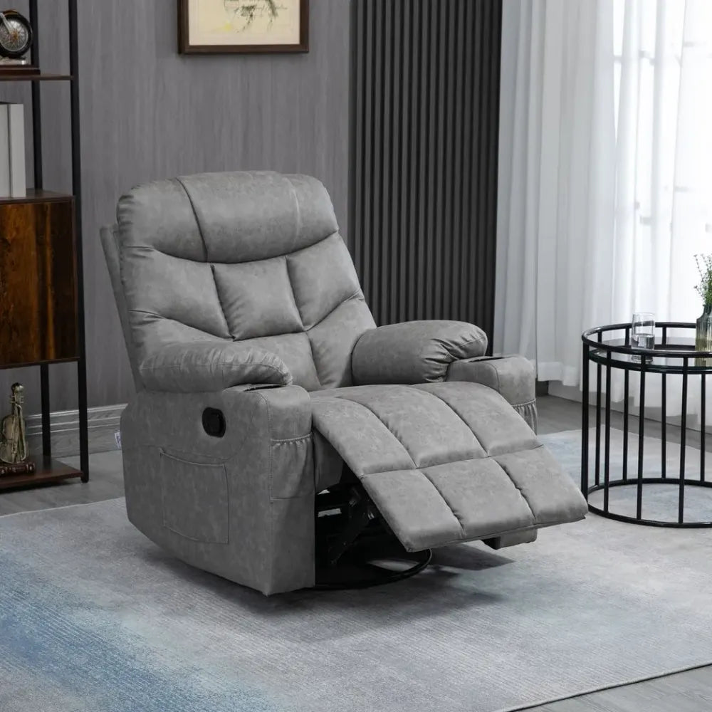 Grey PU Leather Manual Recliner Armchair with 360° Swivel Function for Comfort