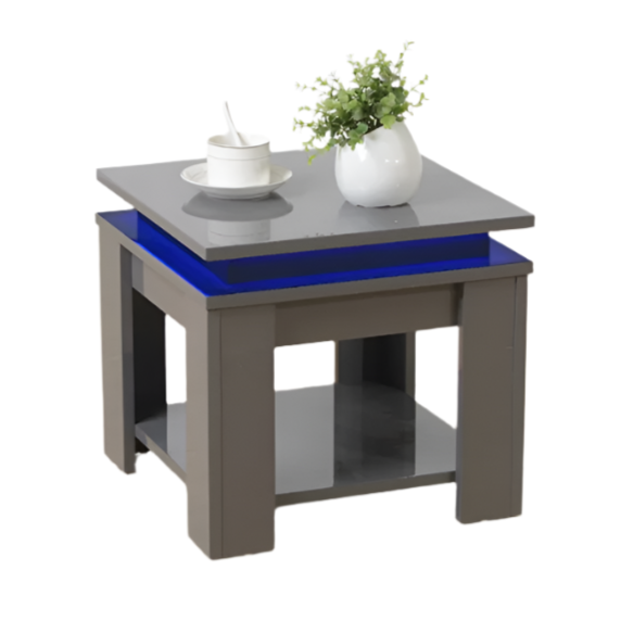 Grey Square Side Table with Blue LED Light, Contemporary Style