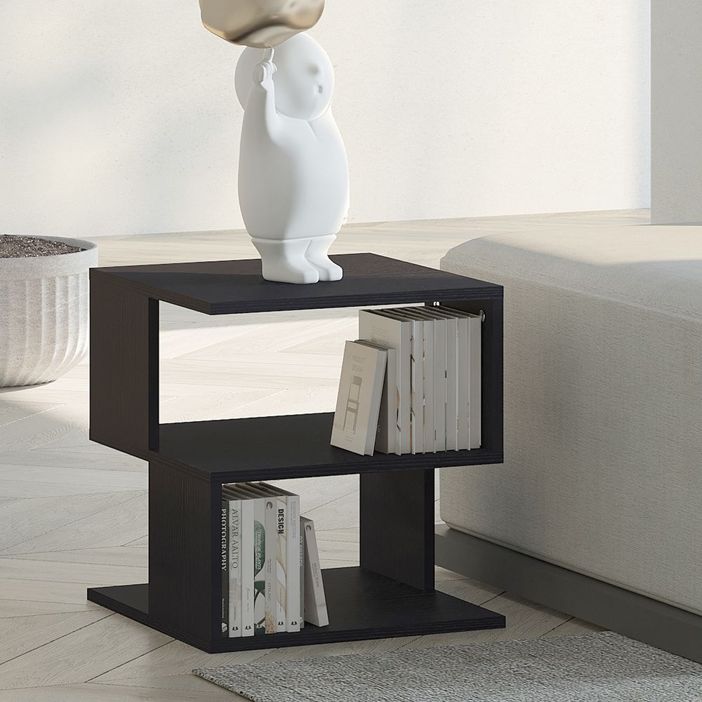 Modern Square Coffee Table with 2-Tier Wood Shelves, Black, Storage Shelf