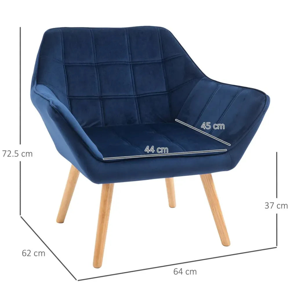Luxe Velvet-Feel Accent Chair - Wide Arms, Slanted Back Padding, Wood Legs, Blue