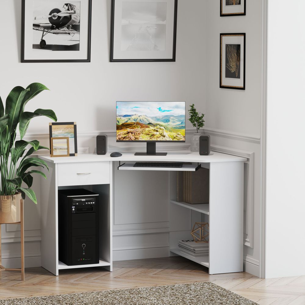 White L-Shaped Corner Computer Desk with 2 Shelves and Keyboard Tray for Storage