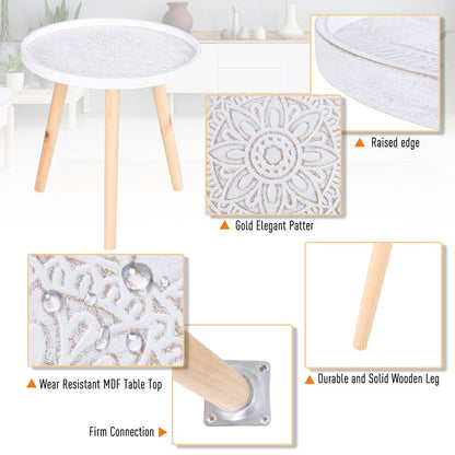 White Floral Etched Pine Wood Side Table with Saucer Top for Chic Decor