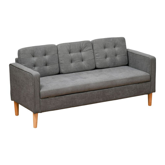 3-Seater Button-Tufted Fabric Sofa - Hidden Storage, Rubberwood Legs