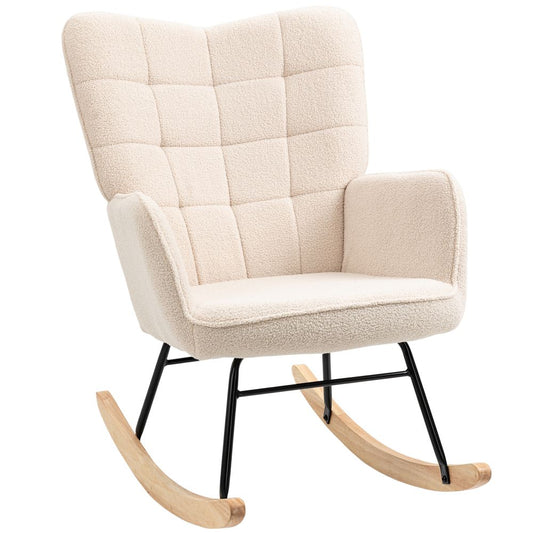 Beige Wingback Rocking Chair with Steel Frame and Wooden Base for Nursing Comfort