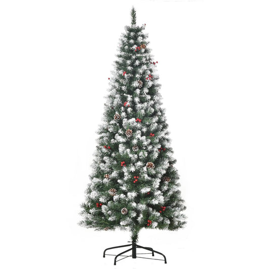 6FT Artificial Christmas Pencil Tree with Berries, Pinecones, and Foldable Feet in Green