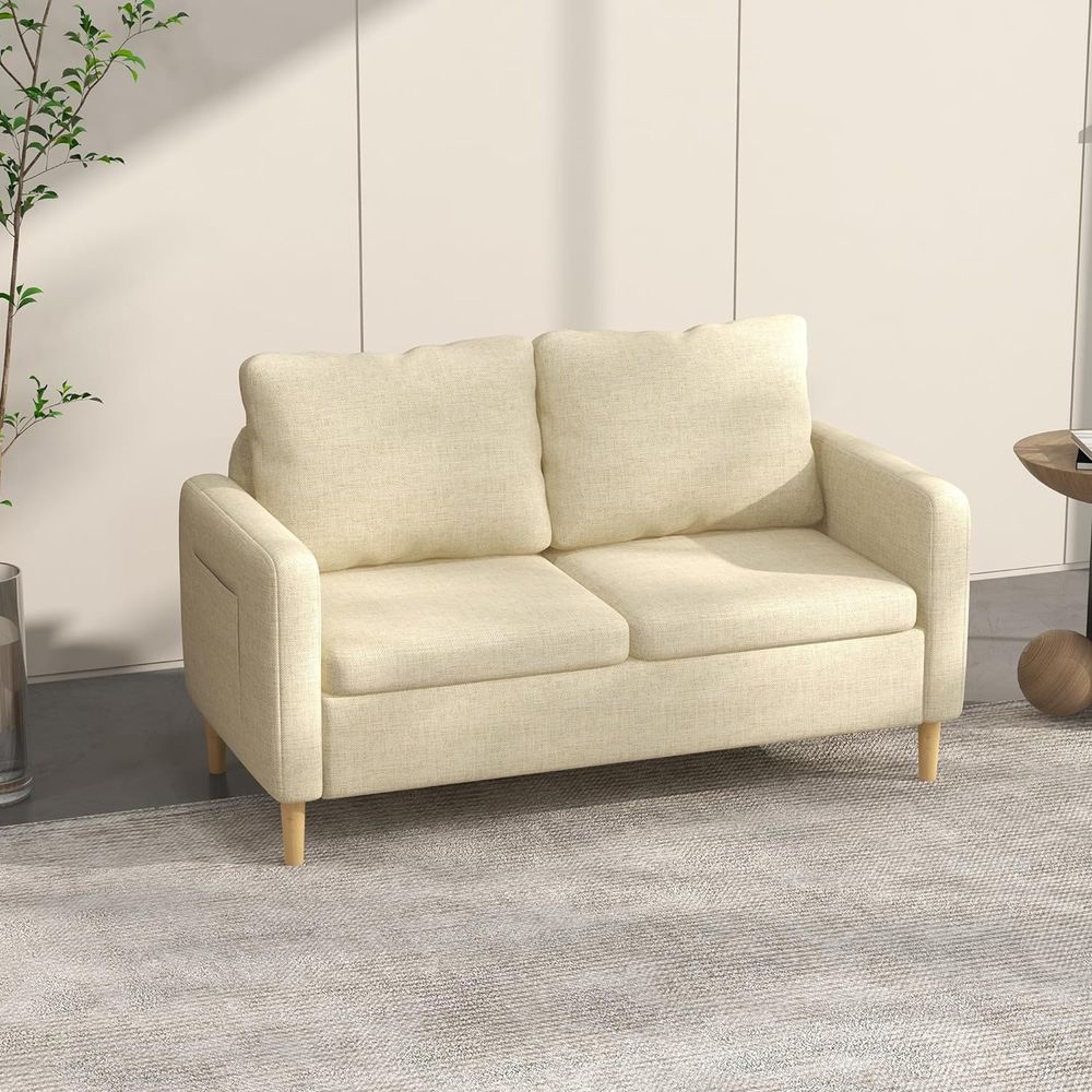 Beige Modern 2-Seater Sofa with Wood Legs and 2 Pockets - Stylish Couch for Elegant Home Interiors