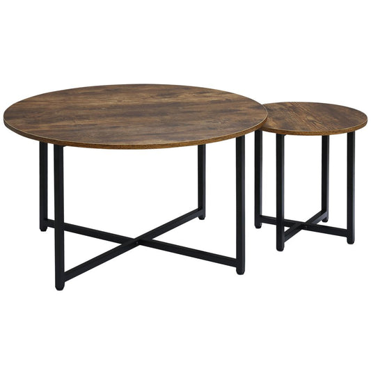 Set of 2 Round Coffee Tables with Metal Frame - Chic Side Accent Tables in Rich Brown