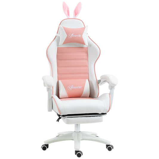 Pink Racing Style Gaming Chair with Footrest and Removable Rabbit Ears for Fun