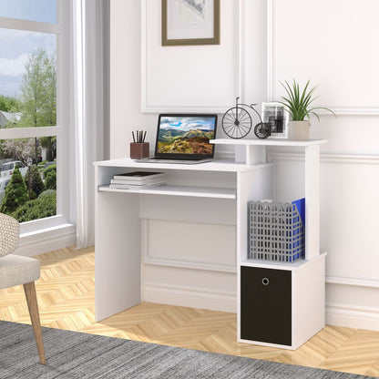 White Computer Desk with Sliding Keyboard Tray and Storage Drawer Shelf for Organised Workspaces