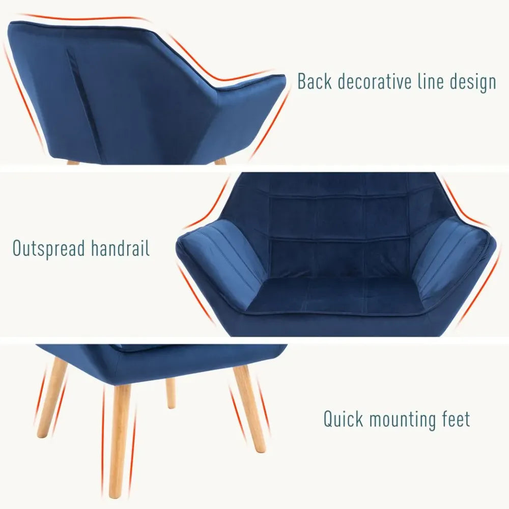 Luxe Velvet-Feel Accent Chair - Wide Arms, Slanted Back Padding, Wood Legs, Blue