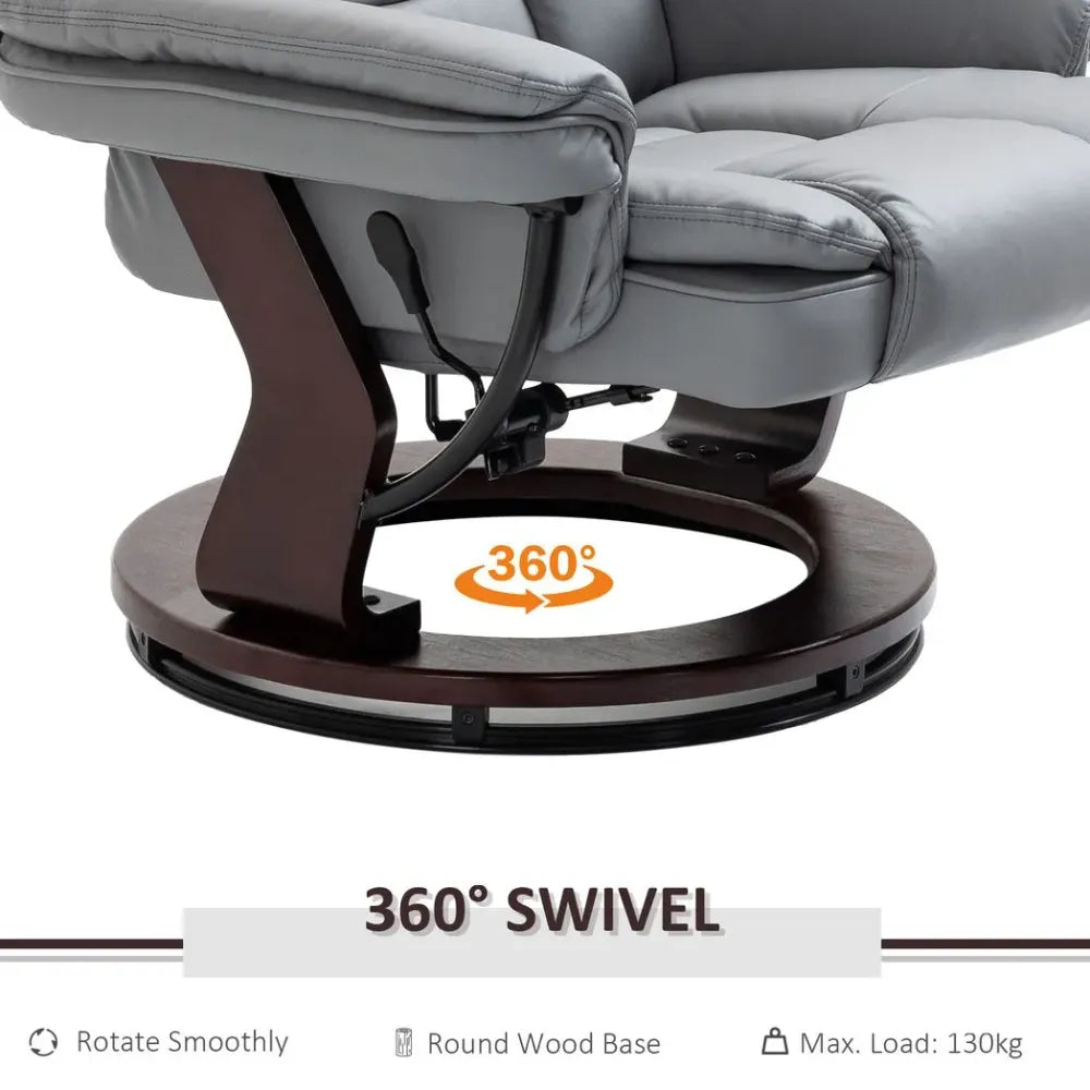 Grey PU Lounge Chair Set with Manual Recliner and Footrest on Sturdy Wooden Base