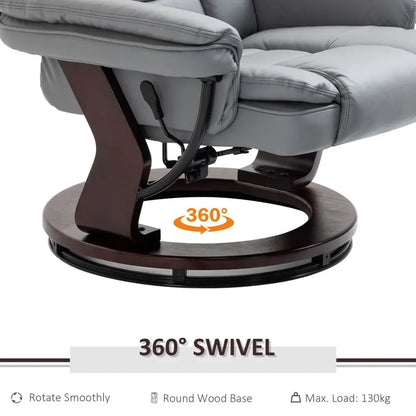 Grey PU Lounge Chair Set with Manual Recliner and Footrest on Sturdy Wooden Base