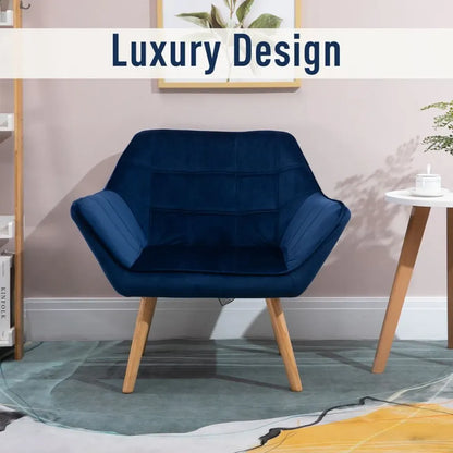 Luxe Velvet-Feel Accent Chair - Wide Arms, Slanted Back Padding, Wood Legs, Blue