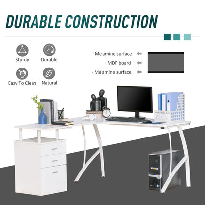 White L-Shaped Corner PC Desk with Drawer for Home Office Workstation Efficiency