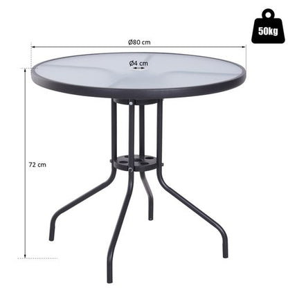 Stylish 80cm Outdoor Round Dining Table with Glass Top & Parasol Hole