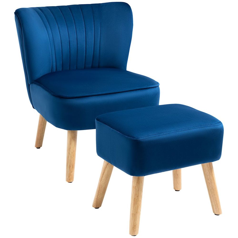 Velvet-Feel Accent Chair with Ottoman – Tub Seat Padding & Wood Legs – Dark Blue