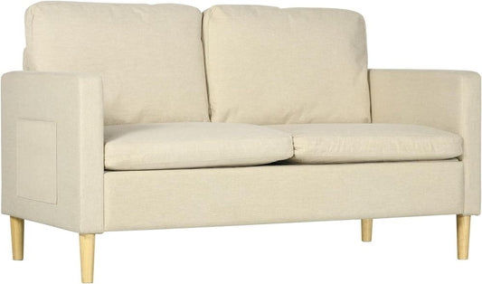 Beige Modern 2-Seater Sofa with Wood Legs and 2 Pockets - Stylish Couch for Elegant Home Interiors