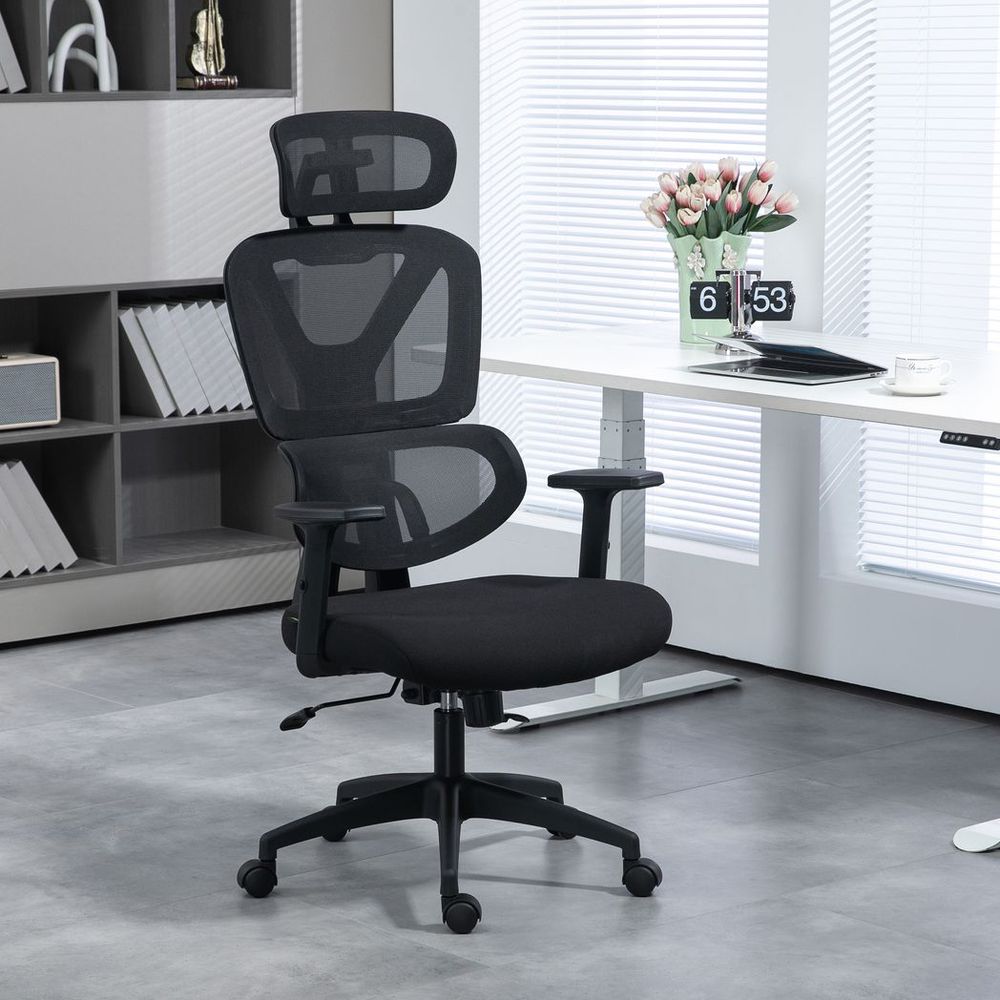 Black Mesh Swivel Desk Chair with Adjustable Height and Headrest for Ergonomics