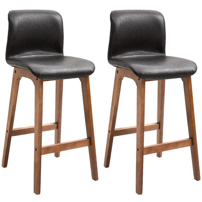 2 Faux Leather Bar Stools - 93cm, Wooden Frame, Footrest, High Back, Brown