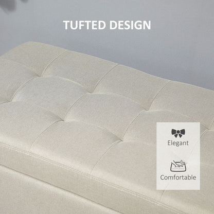 Padded Linen Storage Ottoman Bench with Tufted Hinged Lid and Wooden Frame