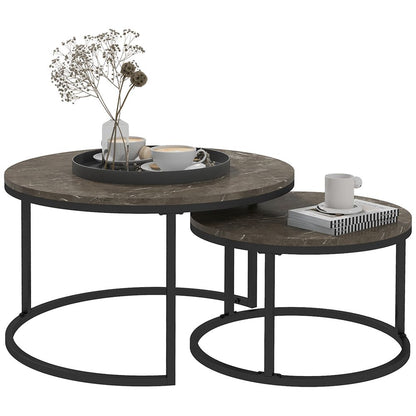 2-Piece Stacking Coffee Table Set – Steel Frame with Marble-Effect Top – Foot Pads