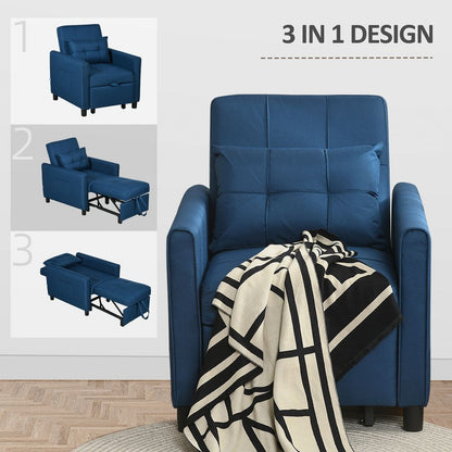 Blue Pull-Out Sleeper Chair Bed with Pillow and Convenient Side Pockets