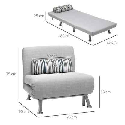 Single Sofa Bed - Folding Chair with Steel Frame, Padding, Pillow, Grey/Silver