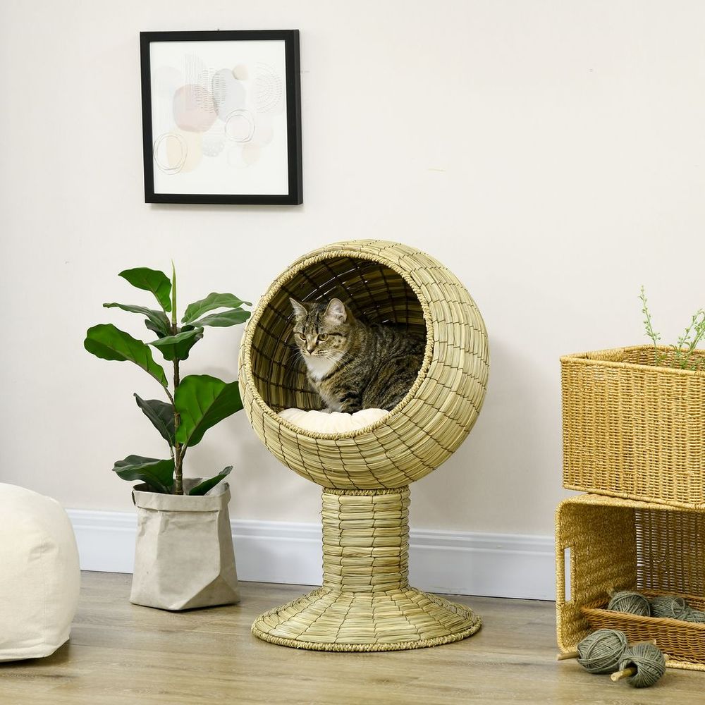 Raised Cat House with Natural Mat Grass and Stand Cushion, 41x69 cm Size