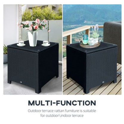 Rattan Side Table Patio Frame Tempered Glass Outdoor Wicker-Black