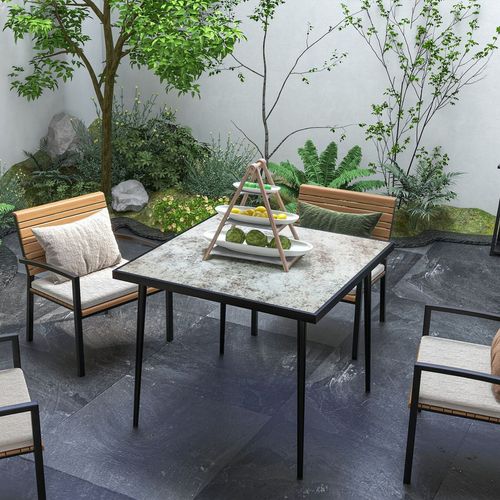 4-Person Outdoor Dining Table with Elegant Marble Effect Glass Top