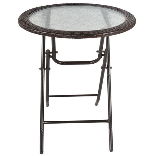 Folding Round Tempered Glass Metal Table with Brown Rattan Edging