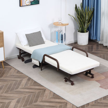 Brown Folding Bed with Mattress and Wheels, Adjustable Backrest for Comfortable Guest Sleep