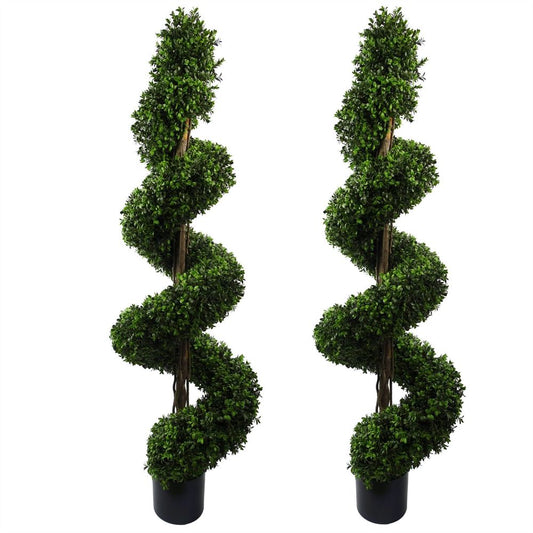 150cm UV Resistant Pair of Spiral Buxus Artificial Trees for Garden Elegance