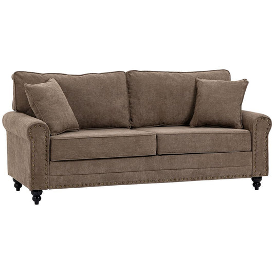 2-Seater Fabric Sofa - Brown with Nailhead Trim, Cushions, and Throw Pillows