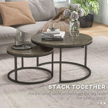 2-Piece Stacking Coffee Table Set – Steel Frame with Marble-Effect Top – Foot Pads