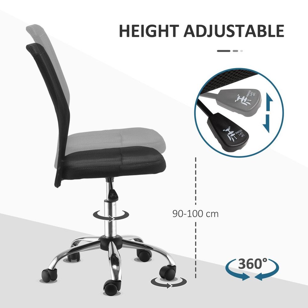 Armless Ergonomic Office Chair with Padded, Height Adjustable Mesh Back and 5 Wheels