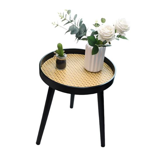 Cane Black Round Side Table, Modern and Chic