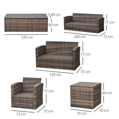 Outdoor 6-Piece Rattan Wicker Sofa Set with Storage & Cushions - Mixed Brown