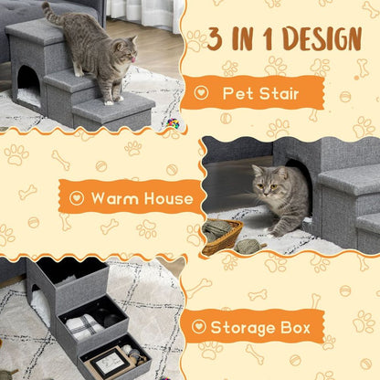 3-Step Grey Dog Steps for Bed with Cat House Storage Boxes for Sofa