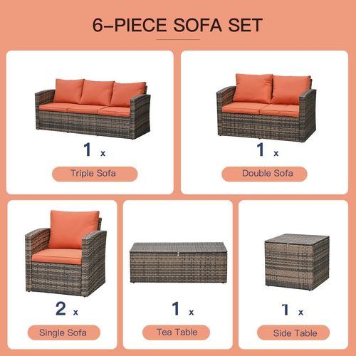 Outdoor 6-Piece Rattan Wicker Sofa Set with Storage & Cushions - Mixed Brown