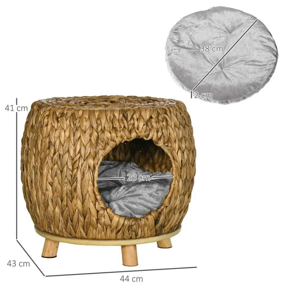 Wicker Rattan Cat House Stool, Indoor and Outdoor Kitten Bed with Soft Cushion