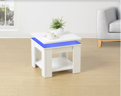 White Square Side Table with Blue LED Light, Modern and Stylish