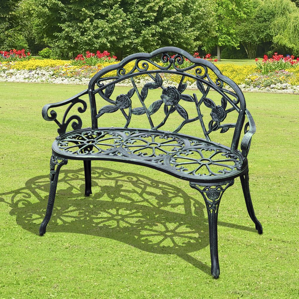 Elegant Antique Green Cast Aluminium Garden Bench - Timeless Outdoor Comfort