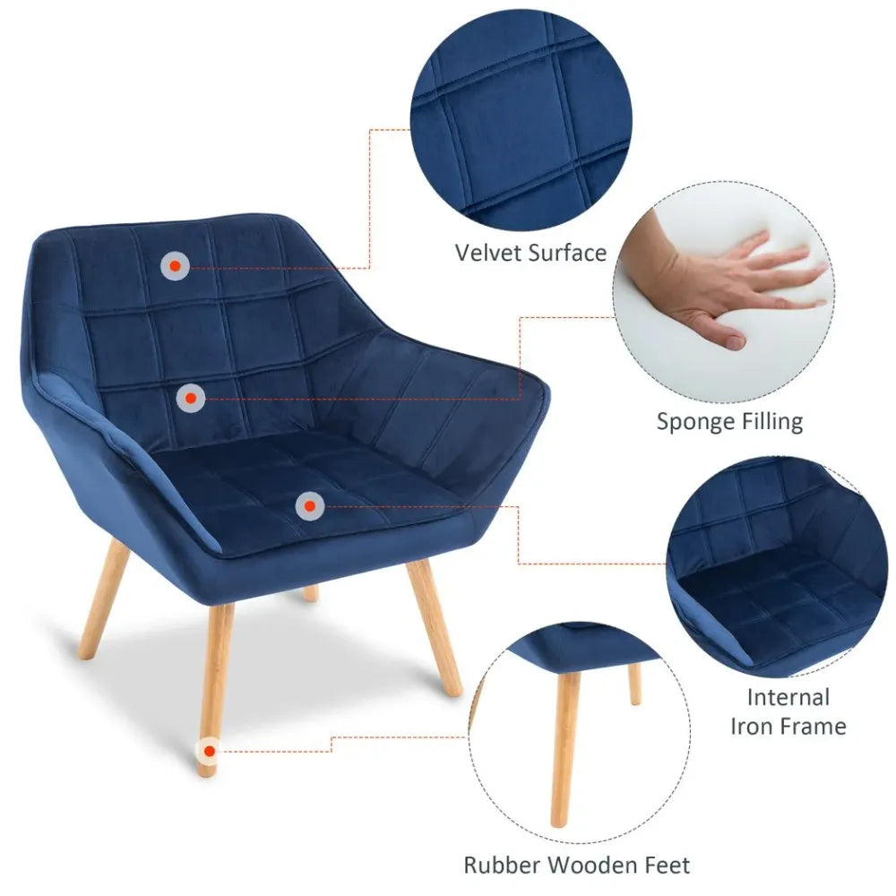 Luxe Velvet-Feel Accent Chair - Wide Arms, Slanted Back Padding, Wood Legs, Blue